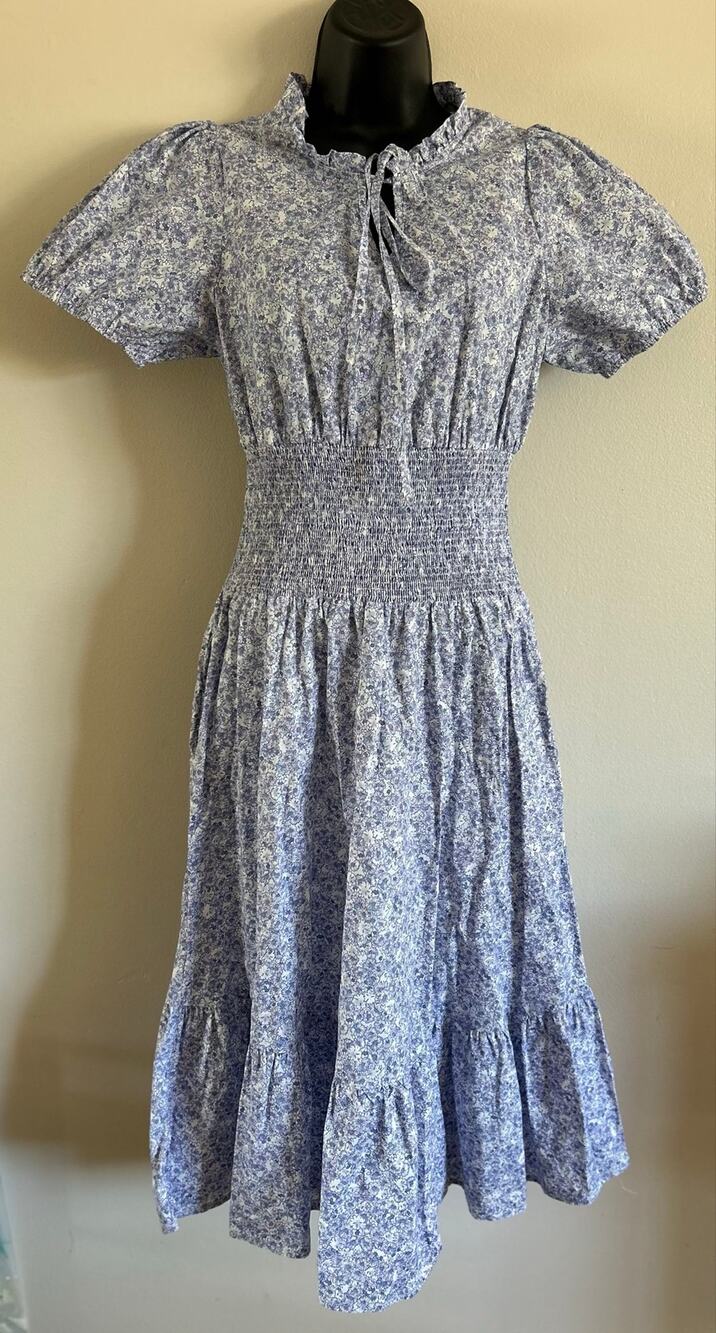 Calista Blue Floral Smocked Waist Puff Sleeve Midi Dress Women’s Small